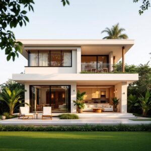 Casa residencial moderna com grandes janelas e jardim verde ao redor, exemplificando projeto arquitetônico contemporâneo em Cuiabá.