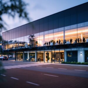 Edifício comercial contemporâneo com fachada de vidro iluminado ao entardecer, ideal para empresas em busca de espaços modernos.