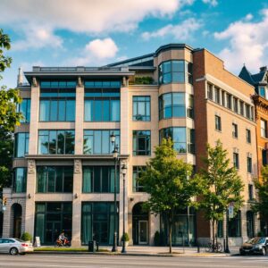 Prédio com fachada reformada, combinando arquitetura clássica e moderna para atualização estética e funcional.