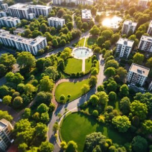Vista aérea de bairro planejado com áreas verdes e infraestrutura urbana moderna, promovendo sustentabilidade.