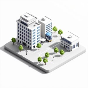 Ícone isométrico de cidade com edifícios e árvores, representando a visão e experiência de Glaucia Nadaf em planejamento urbano.