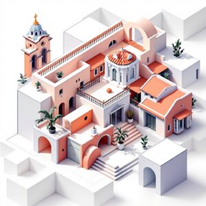 Ícone isométrico de formas arquitetônicas sobrepostas simbolizando a abordagem criativa de Glaucia Nadaf em combinar estilos.