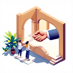 Ícone de aperto de mãos em um ambiente arquitetônico, simbolizando a colaboração entre Glaucia Nadaf e os clientes.