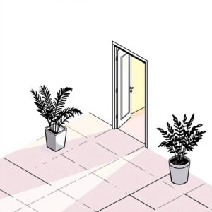 Ícone de uma porta aberta com plantas ao redor, simbolizando um convite para explorar os projetos arquitetônicos de Glaucia Nadaf.